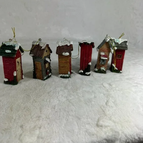 Set of 6 Christmas hanging ornaments Outhouses Resin 3 1/2" tall different style - Picture 11 of 12